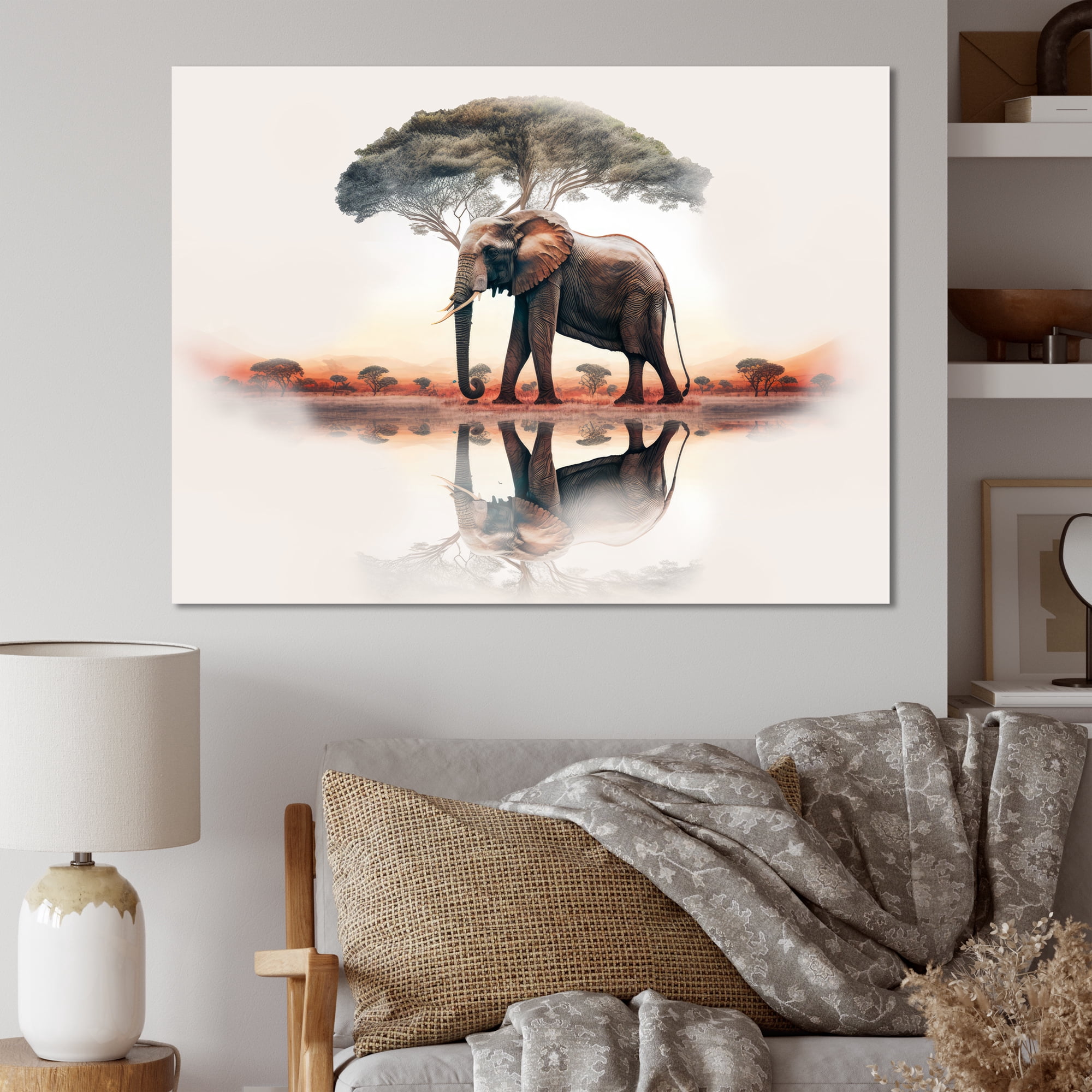 Designart Double Exposure Of A Elefant With African Landscape II Canvas Wall Art