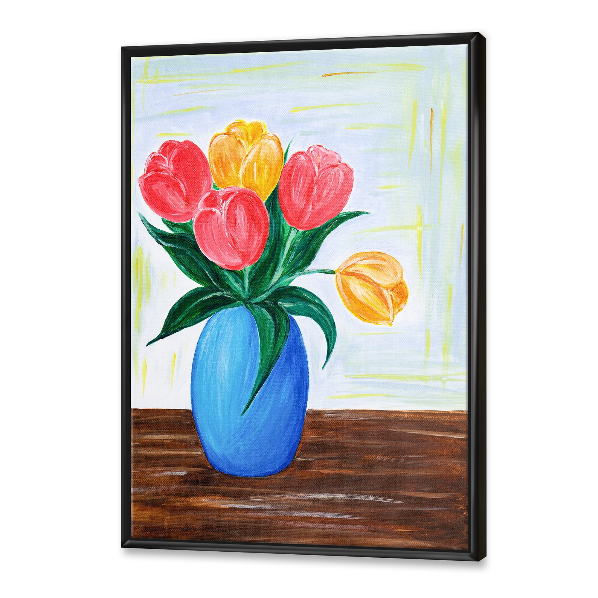 Designart 'Bouquet Of Orange and Red Tulips In A Vase' Traditional Framed Canvas Wall Art Print