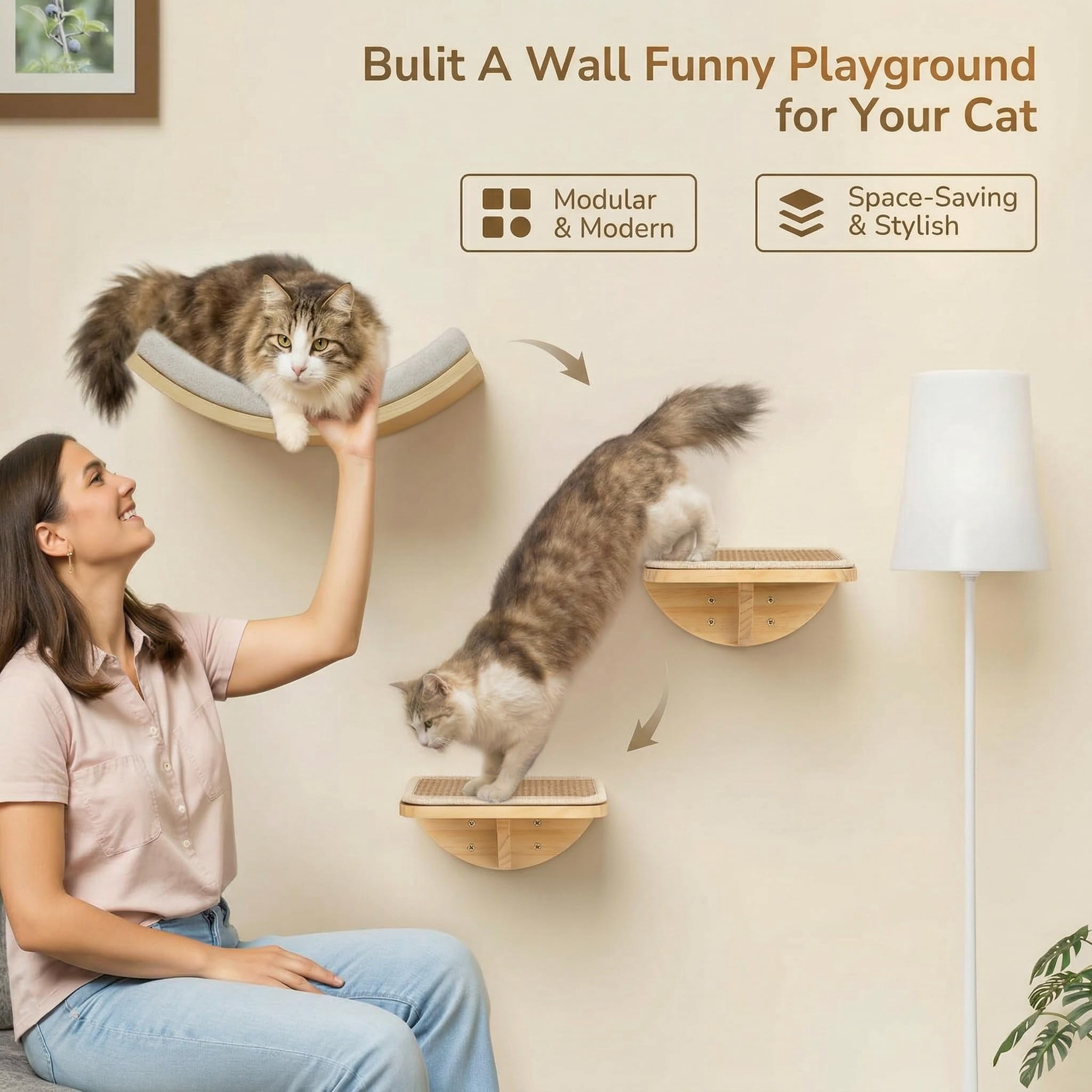 Cat Wall Perch Set Foam/Felt-Wood 1 Curved Bed 2 Steps Sleeping Playing Lounging