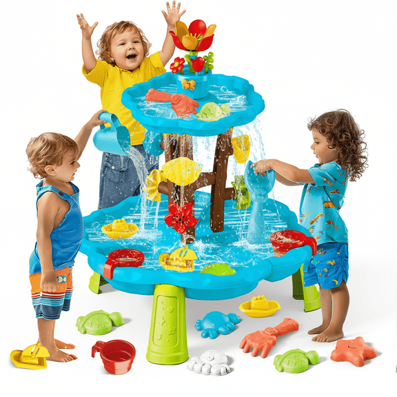 WIDELAND Blossom Sand and Water Table for Toddlers, 2-Tier kids Water Play Table with Spinning Wheels and Waterfall Showers for Boys Girls, Outdoor Summer Toy for Backyard Beach