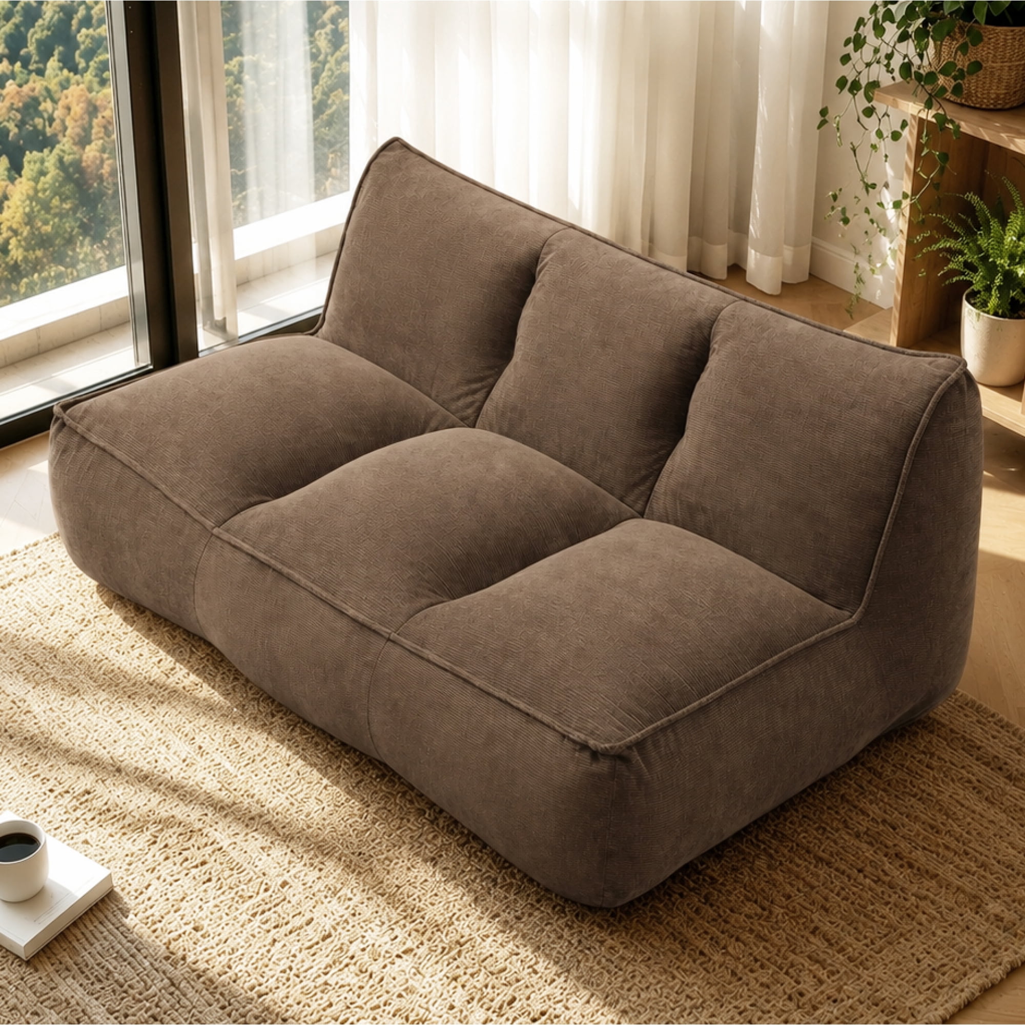 Leumius Cozy Fluffy Cloud Lazy Sofa, 3-Seater Corduroy Bean Bag Lounge Chair, Lightweight Single-Seat Couch for Living Room, Bedroom, Dorm Room, Office & Small Spaces,Brown