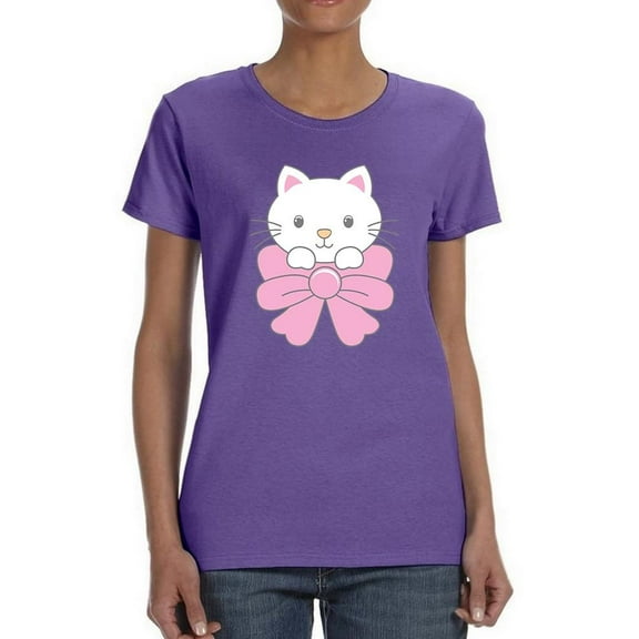 Cute Cat On Pink Ribborn Shaped T-Shirt Women -Image by Shutterstock, Female Small