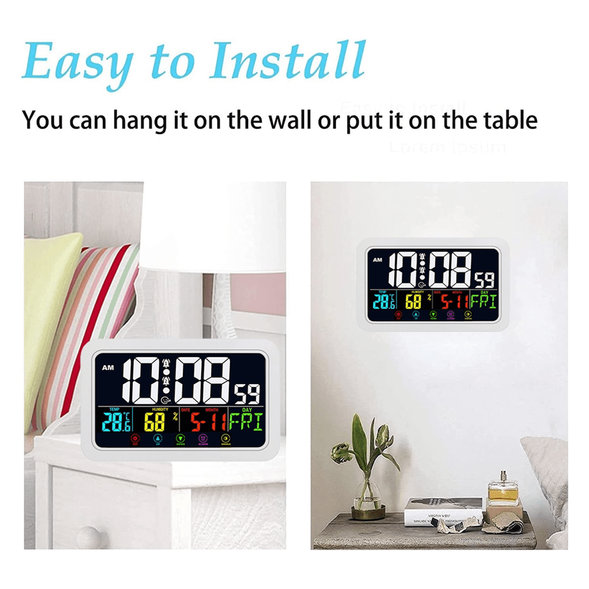 Digital Wall Clock, Digital Clock Battery Operated,8 Inch Desk Clock with Temperature Humidity Day Date Black