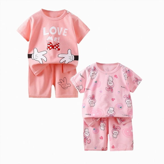 CAICJ98 Toddler Baby Summer Clothes for Girls 3 6 12 18 24 Months 2T 3T 4T 5T Girls Outfits Short Sleeve Cute Print T-shirts Tops & Shorts Set 4Pcs,Size 18-24 Months