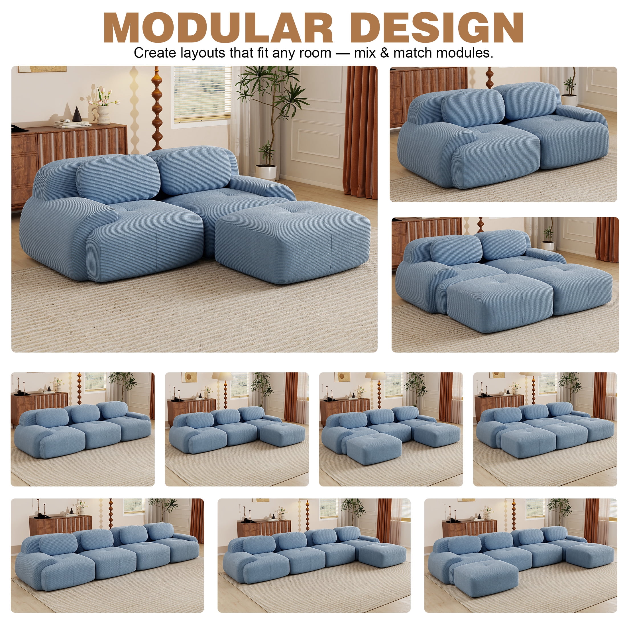 Aukfa 82" L-Shape 2-Seat Sofa with Ottoman, Corduroy, 28" Deep Seat, No Assembly Required, Blue