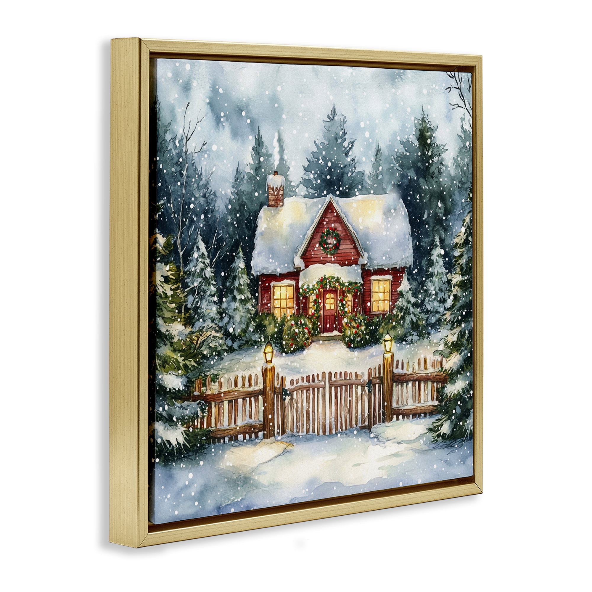 Stupell Industries Scenic Winter Cottage Holiday Painting Gold Floater Framed Canvas Art Prints Wall Art, 25 x 25