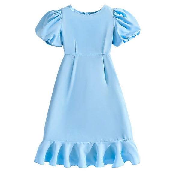 ZACPNCV Girls Dresses Short Sleeve Crewneck Puff Sleeve Cotton Summer Solid Color Dress Sky Blue 12-13 Years