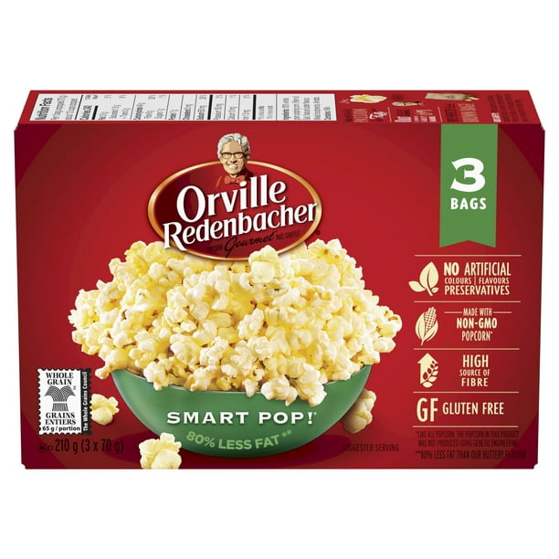 Orville Redenbacher Smart Pop! Micro-ondes Maïs Soufflé, 3 sac (3 x 70 g) 210 g sans OGM, grains entiers micro-ondes  maïs soufflé  avec a source élevée de fibres et 80% moins de gras*
