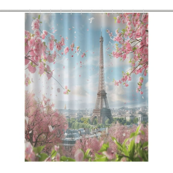 Blossoming Paris Eiffel Tower Shower Curtain Modern Home Bathroom Bathtub Decor Waterproof Fabric with 12PCS Hooks