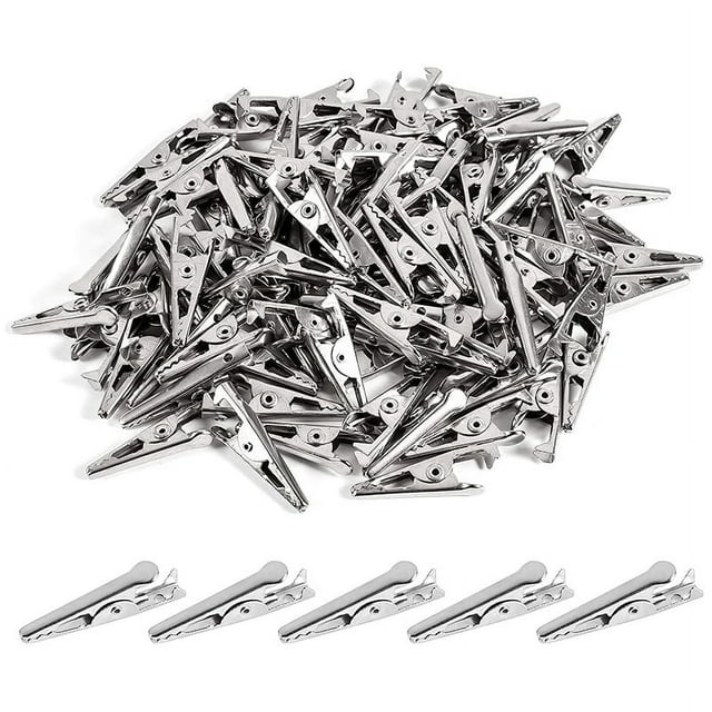 100PCS 1.06IN / 27mm Mini Metal Alligator Clips, Clamps Silver Tone Nickel Plated Test Line Spring Clamps.