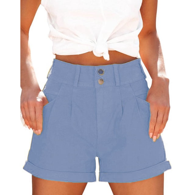 Pantalones cortos de verano para mujer Cintura alta Dobladillo laminado Hebillas Cierre Pantalones cortos casuales con bolsillos laterales Azul claro XL