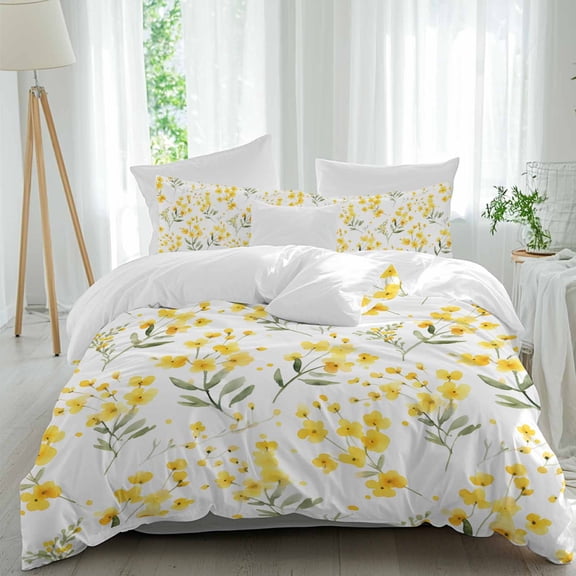 3 Piece Yellow Flowers Spring Duvet Cover Set California King,Microfiber Comforter/Quilt Cover with Corner Ties and 2 Pillowcases,Elegant Farmhouse Botanical All Season Bedding with Zipper Closure