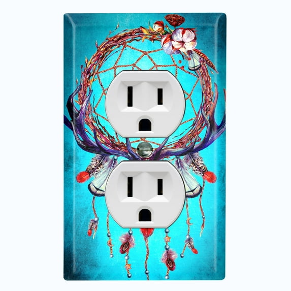 Metal Light Switch Plate Cover Beaded Feather Dreamcatcher Teal DRM004