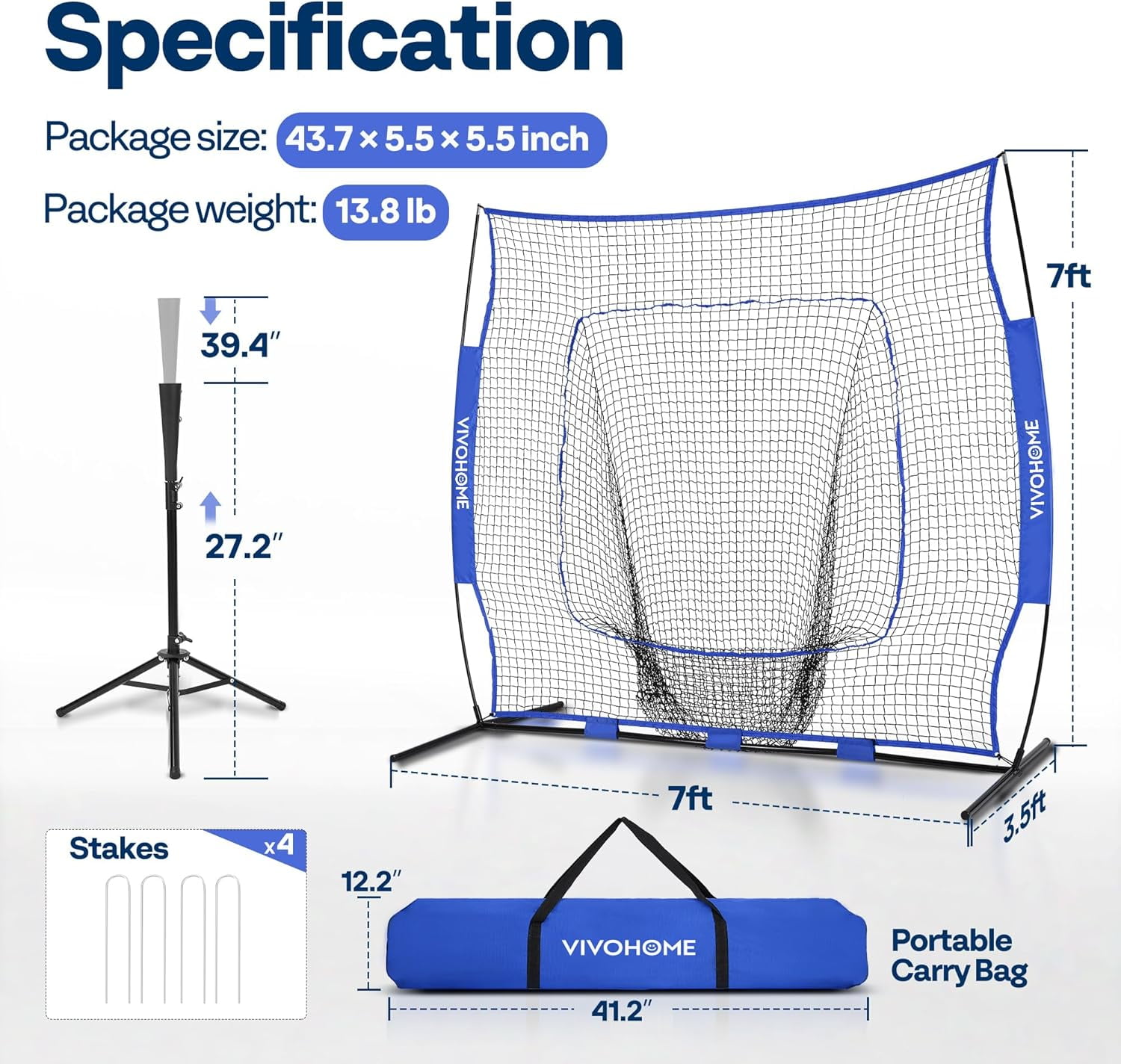 SPECSTAR 7x7Ft Baseball Softball Practice Net with Batting Tee and Carry Bag for Hitting Pitching, Blue