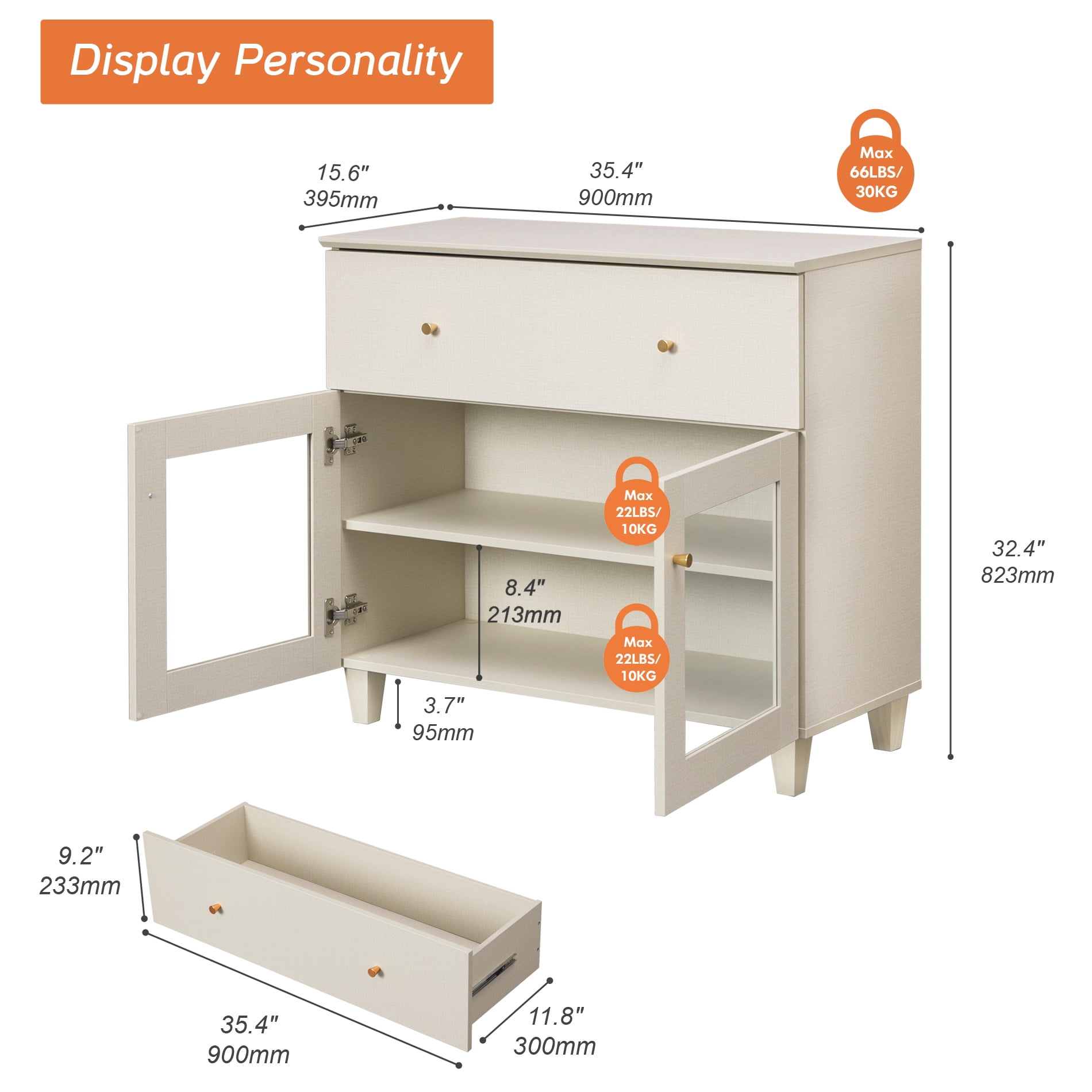 Modern Glass‑Door Dresser Cabinet, Bedroom Organizer – Wide Drawer, Fixed Shelf, Anti‑Tip, Beige, 35" W