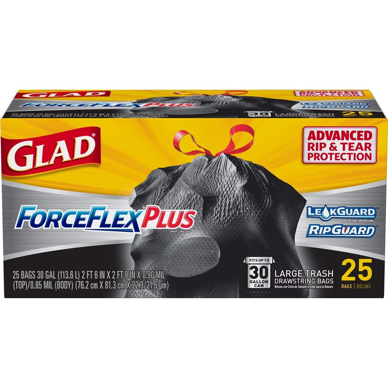 Glad Large Drawstring Trash Bags  ForceFlexPlus 30 Gallon Black Trash Bag - 25 Count