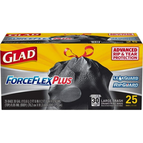 Glad Large Drawstring Trash Bags ForceFlexPlus 30 Gallon Black Trash Bag - 25 Count