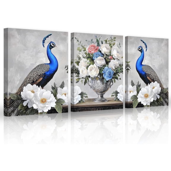 ZHONGYUTONG Peacock Canvas Wall Art 3 Piece Blue Peacock Painting Elegant Couple Animal Pictures Flower Vase Artwork for Bedroom Decor Framed (11.00" x 14.00" x 3PCS)