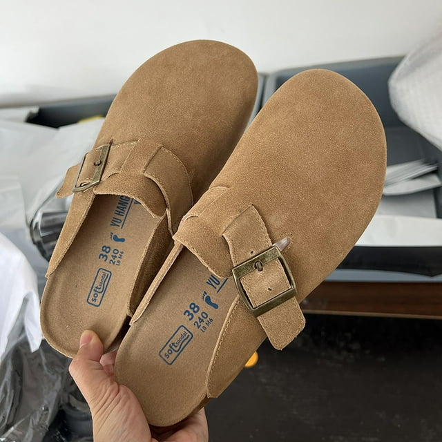 Pantoufles Fermées pour Femmes en Cuir Suédé de Vache Sabots en Liège Sandales pour Femmes Mode Rétro Mule de Jardin Sabots Mules Pantoufle pour Femmes