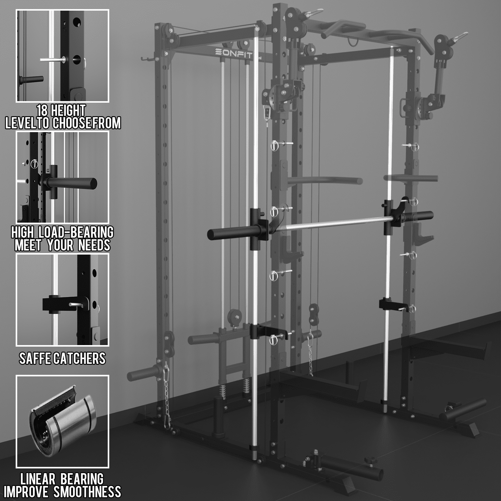 Eonfit E3 Smith Machine with 3D Rotating Arm for Home Gym Equipment, Multi-Function Power Cage Squat Rack with Cable Crossover LAT Pulldown Pulley System All in One (E3 BLK PRO)