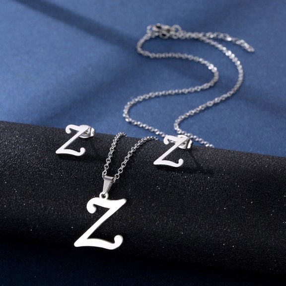 Stainless Steel Letter Pendant Necklace Earrings Set Adjustable Chain Necklace Pendant Jewelry Present for Men and Women