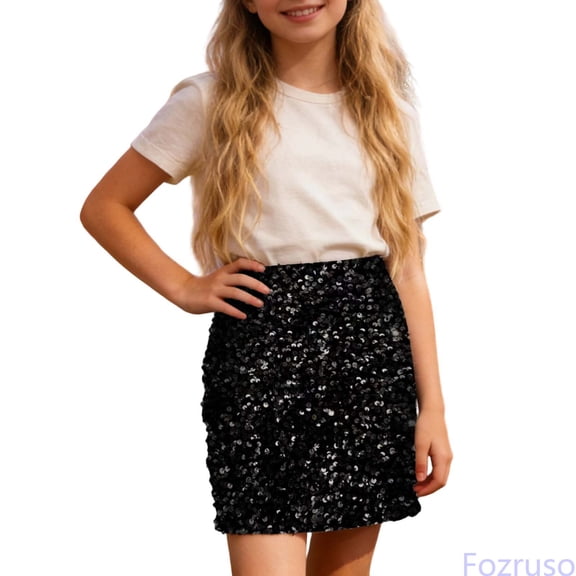 Fozruso Girls Sequin Mini Skirt, Casual Stretch Skirt for Kids Party and School Daily(Black)