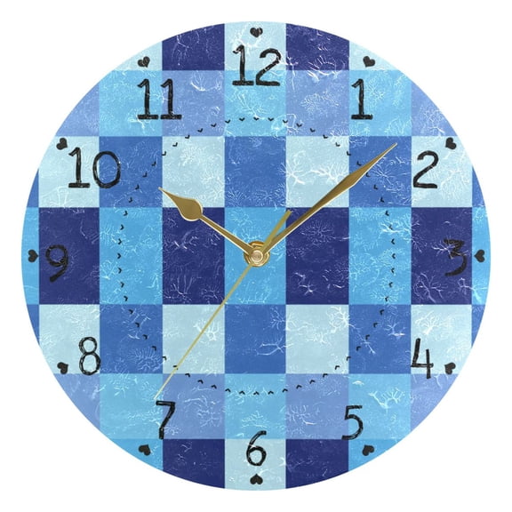 Blue Checkerboard Pixel Art Round Wall Clock Silent Analog Battery Operated Gold Pointer Home Decor 9.84" Diameter
