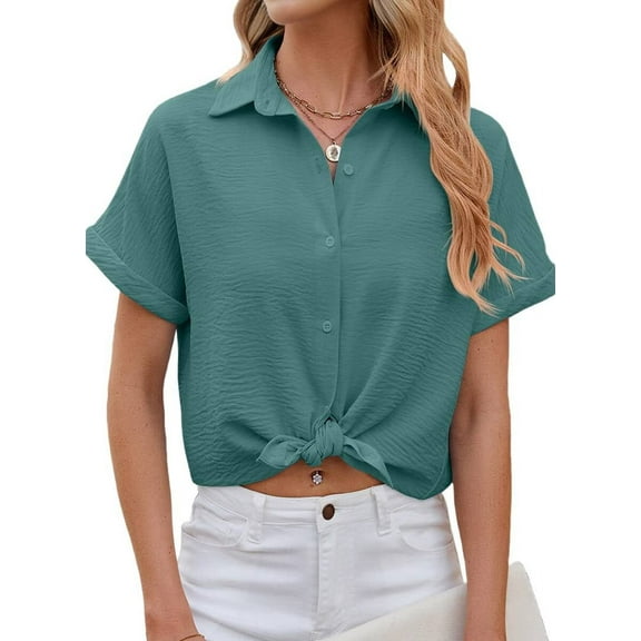 Mawalde Womens Solid Color Button Down Shirt Summer Loose Fit Short Sleeved Cozy Chiffon Shirt Dark Green S