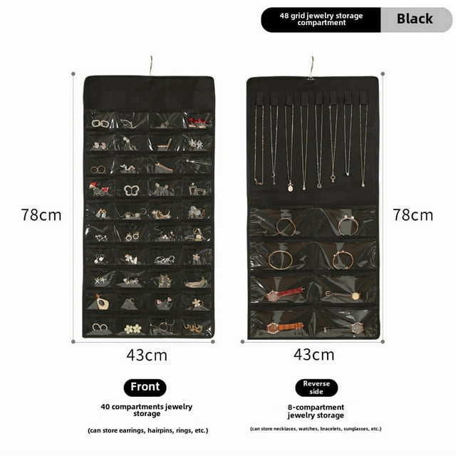Premium Non-Woven Jewelry Organizer: 48-Grid Double-Sided Hanging Storage Bag with Dust-Proof Design for Necklaces, Earrings & Accessories – Wall/Clothes Rack Mountable, Modern Minimalist Black for