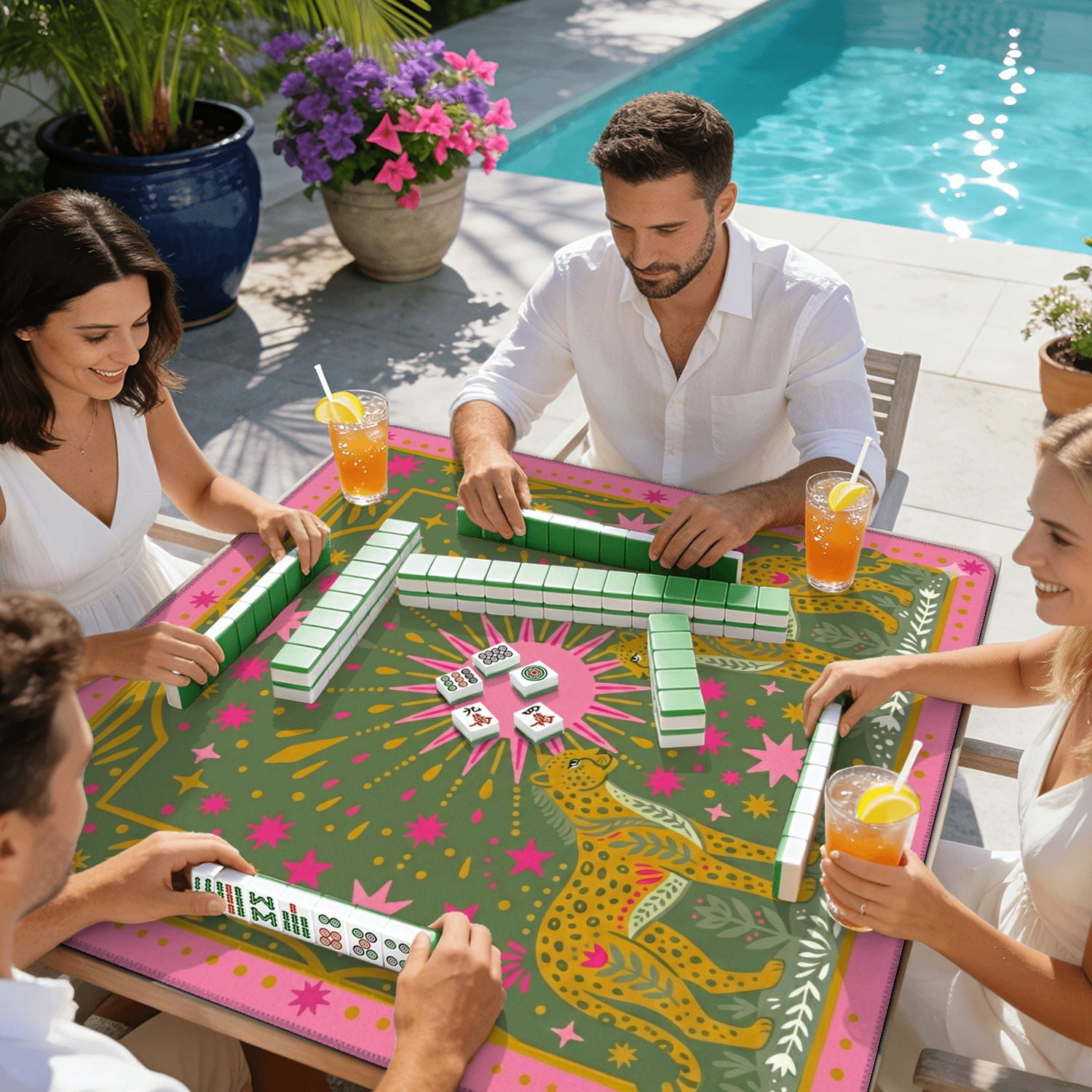 Mahjong Mat 31.5" x 31.5" Stylized Leopard Pink Sun Floral Patterns Non-Slip Noise Reduction American Mahjong Tiles Table Cover for Dominoes Poker Card Board Games Gift