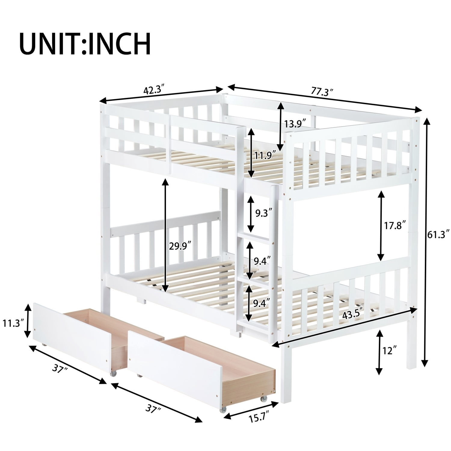 Twin Over Twin Rubber Wood Bunk Bed with Storage Drawers, Convertible Wood Bunk Bed Frame with Safety Guardrails and Ladder, Space Saving Kids Bed for Bedroom, White