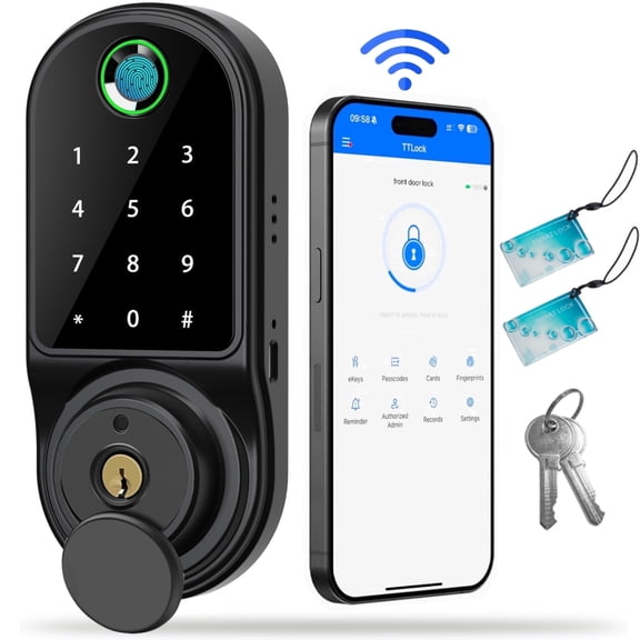 Door Lock,Blacksmith 5 in 1  Smart Door Lock with Fingerprint,App,Password,Key,Card Quick Unlock, Keyless Entry Electronic Door Lock,Black