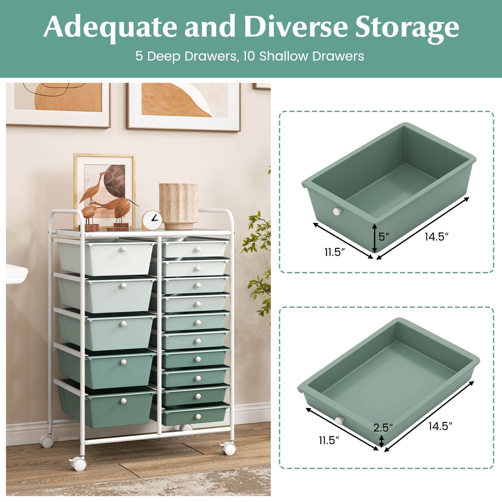 Costway 15-Drawer Rolling Storage Cart Mobile Cart with Colorful Drawers & Metal Frame Gradient Green