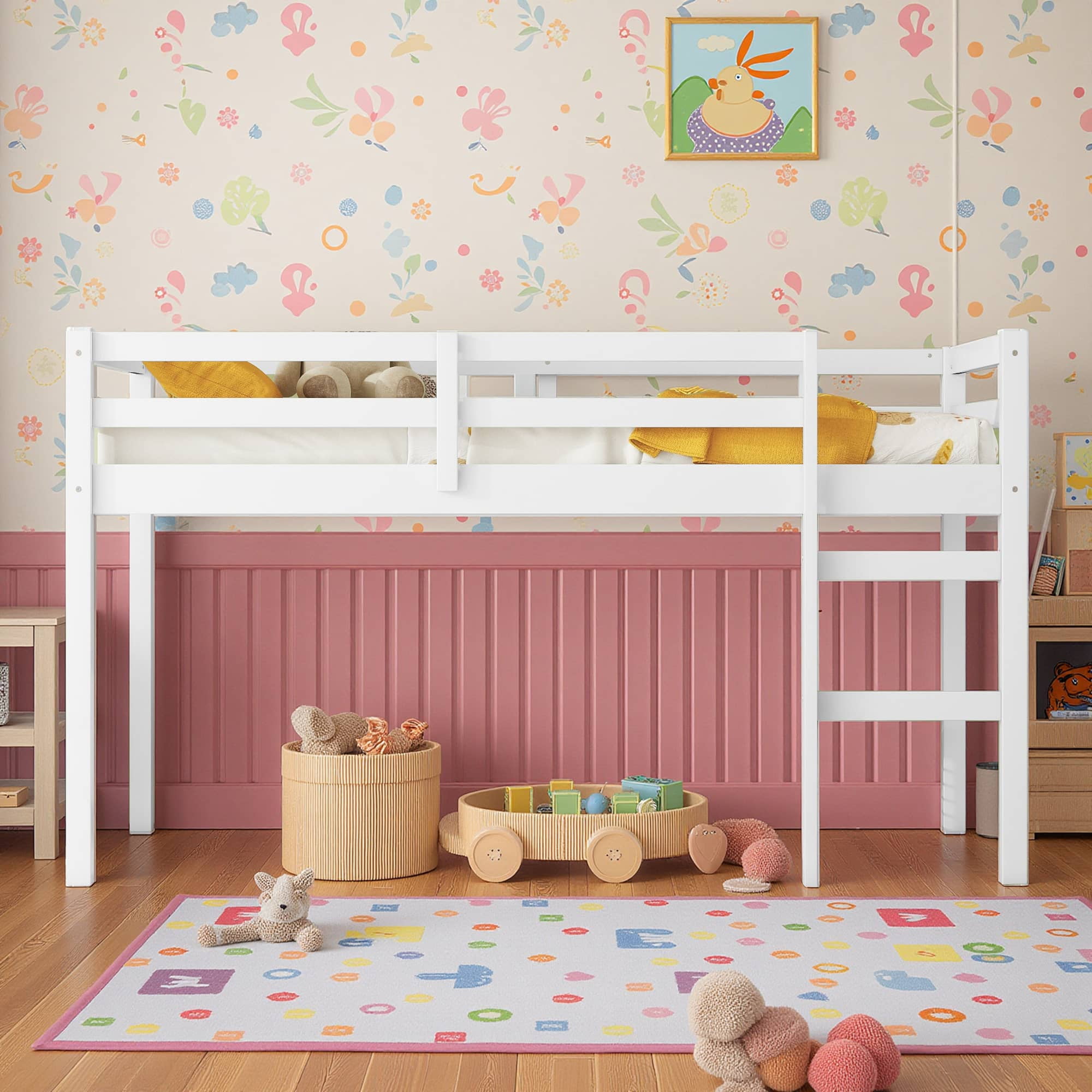 MAYEERTY Twin Loft Bed, with Ladder, Bed Platform of Strengthened Slats , White