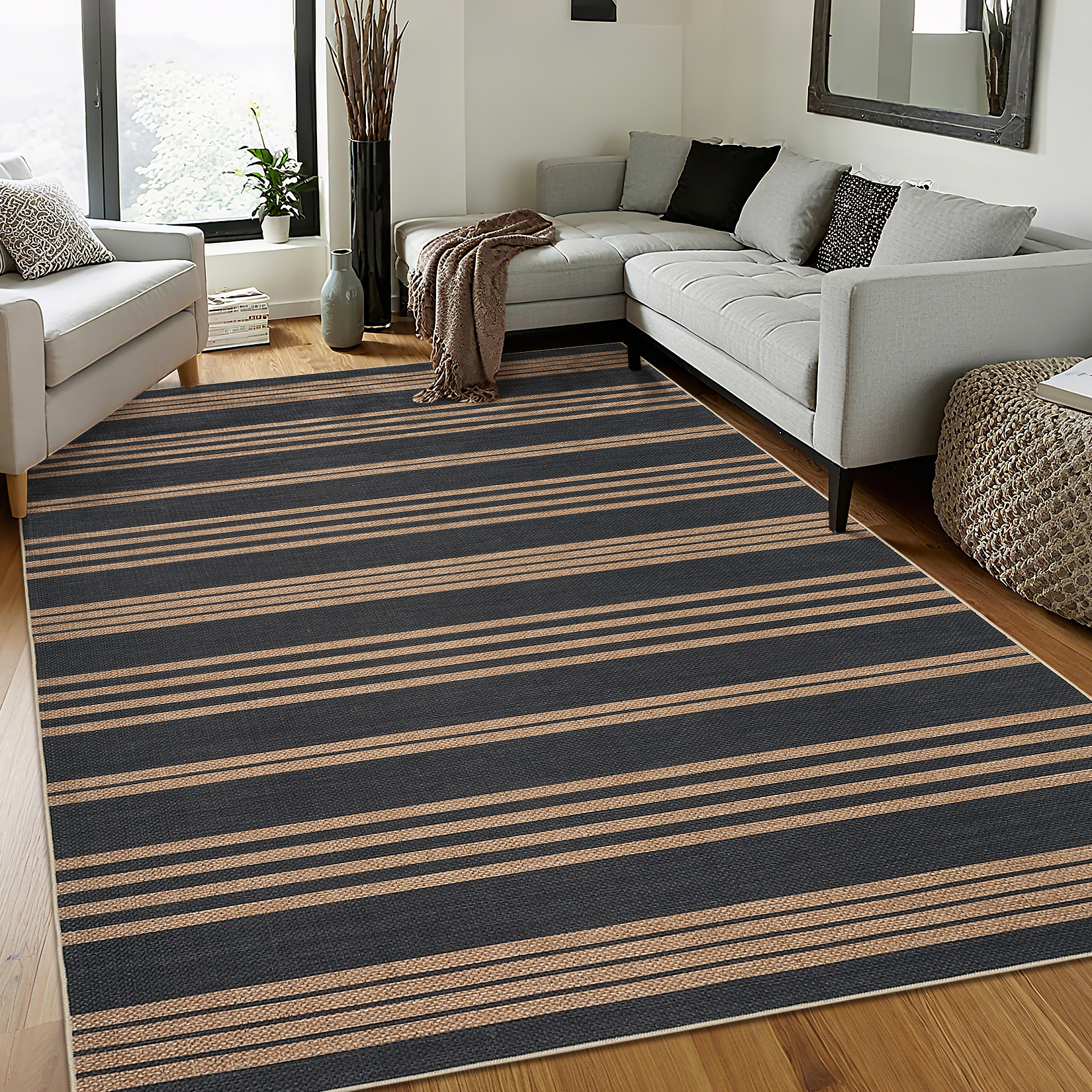 Garvee 4'x6' Modern Striped Area Rugs Easy Jute Rug with Non-Slip Backing, Washable Rug Neutral Print Indoor Outdoor Carpet for Bedroom Living Room Patio, Black Coffee