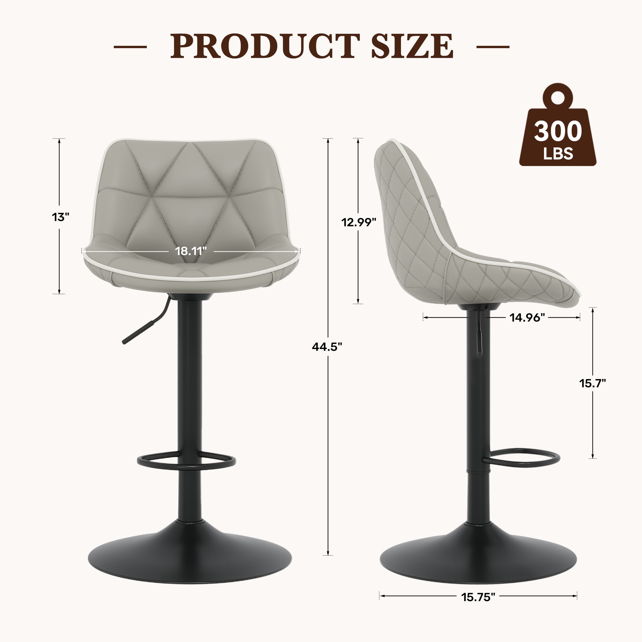 Hawsaiy Bar Stools Set of 2, Adjustable Swivel Counter Height Bar Stools with Back, Upholstered Modern Barstools with Diamond Stitching, Gray