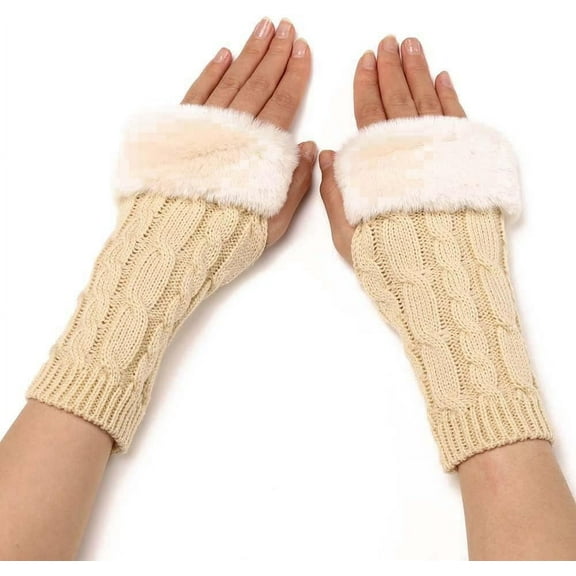 2 PairsAntique White Furry Fingerless Gloves Soft Fluffy Thumb Hole Gloves Knitting Winter Crochet Warm Arm Sleeves Faux Fur Hand Wrist Warmer Mitten Bulk for Women Typing Writing Driving Supply