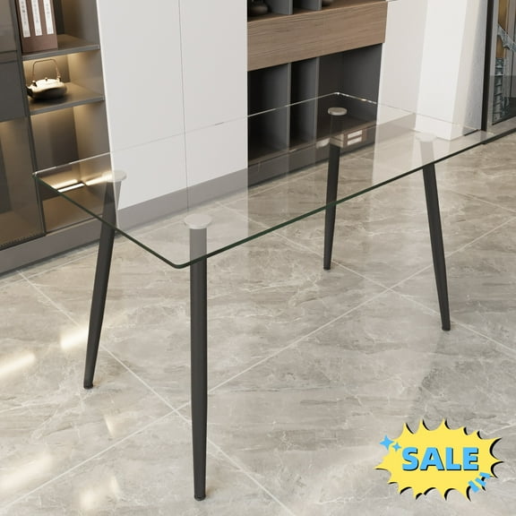 Tcbosik Tempered Glass Dining Table with Metal Legs, 51" Rectangular Kitchen Table for Home Office, Black