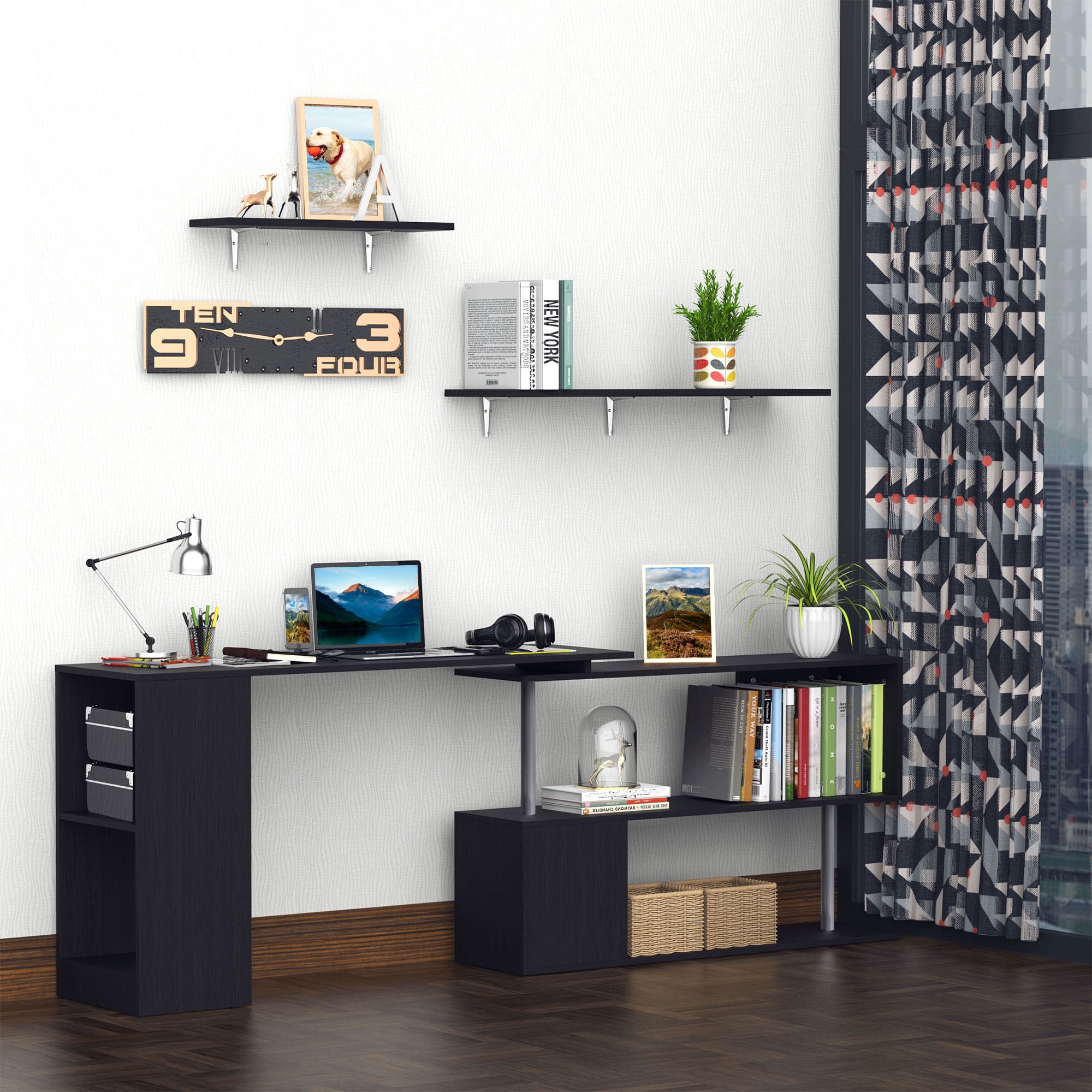 HomCom 55" 360° Rotating Corner Computer Desk Modern L-Shaped Home Office Workstation with 3-Tier Storage Shelves, Bookshelf, Black