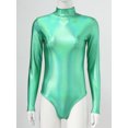 thumbnail image 5 of MSemis Women Metallic Liquid Ballet Leotard Gymnastics Bodysuit Long Sleeve Mock Neck Unitard Tops Green S, 5 of 7
