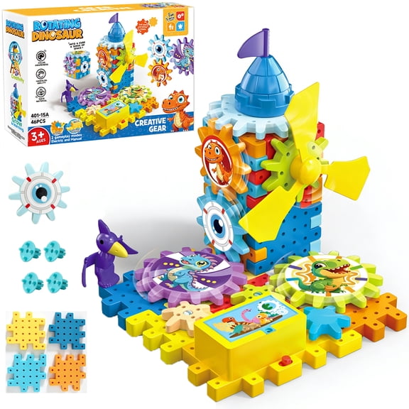 46Pieces Electric Gear Building Blocks Sets, 3 in 1 Castle Building Toys with Dinosaur Stickers for Kids Ages 3 (Not Included Battery)