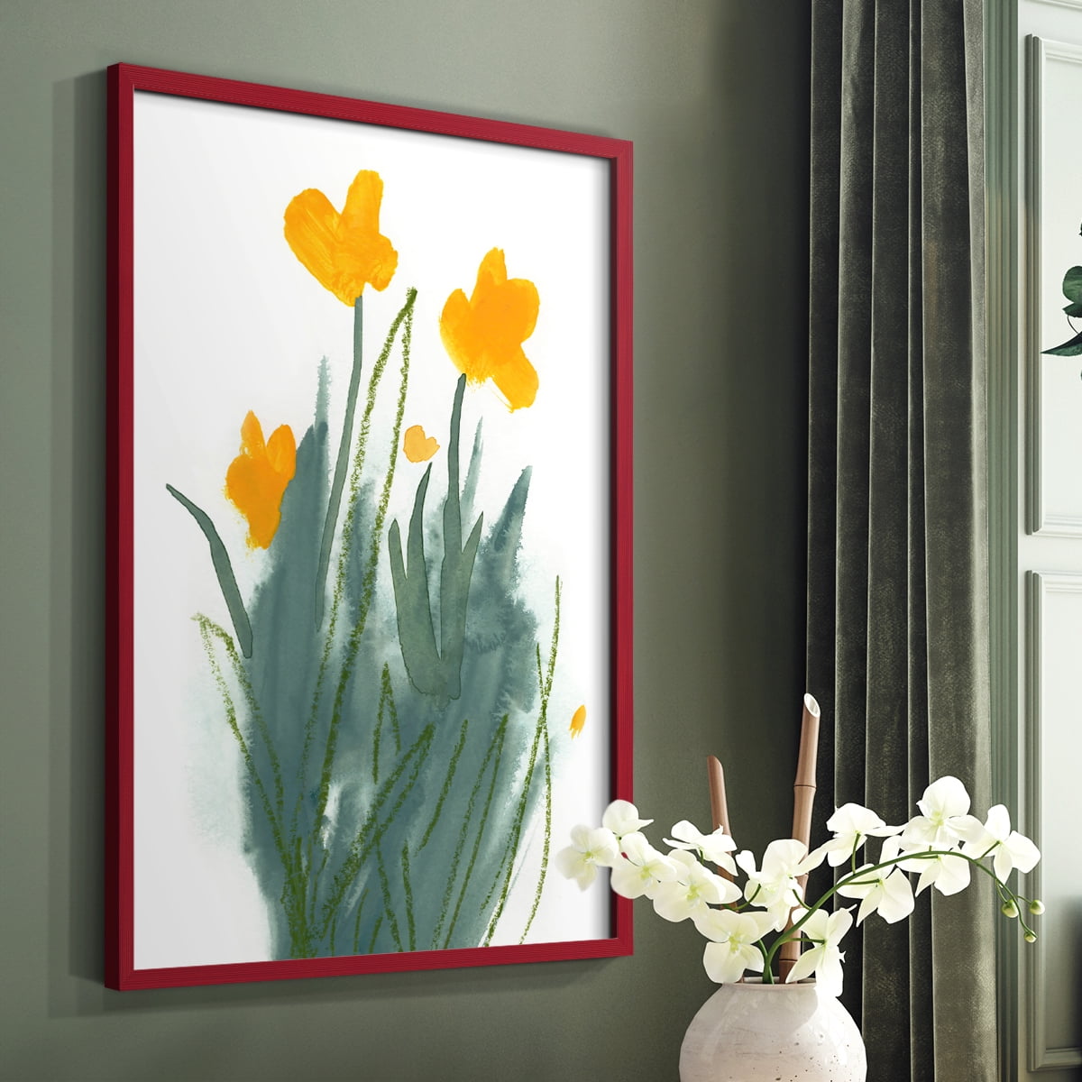 Daffodil Bunch I Framed Print in Red Solid Wood Framed Print No Nail Hanging