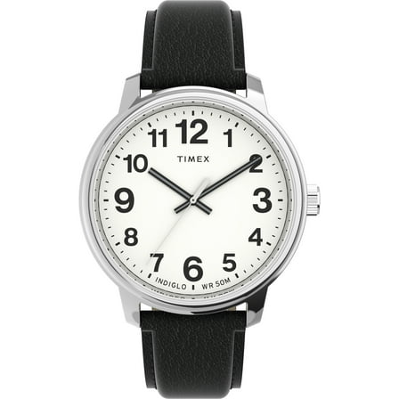 Timex Men's Easy Reader Bold 43mm Watch – Silver-Tone Case White Dial with Black Leather Strap