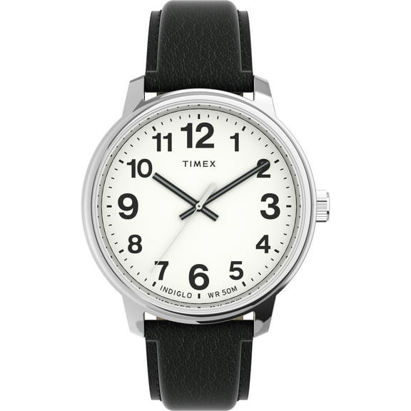 Timex Men's Easy Reader Bold 43mm Watch – Silver-Tone Case White Dial with Black Leather Strap
