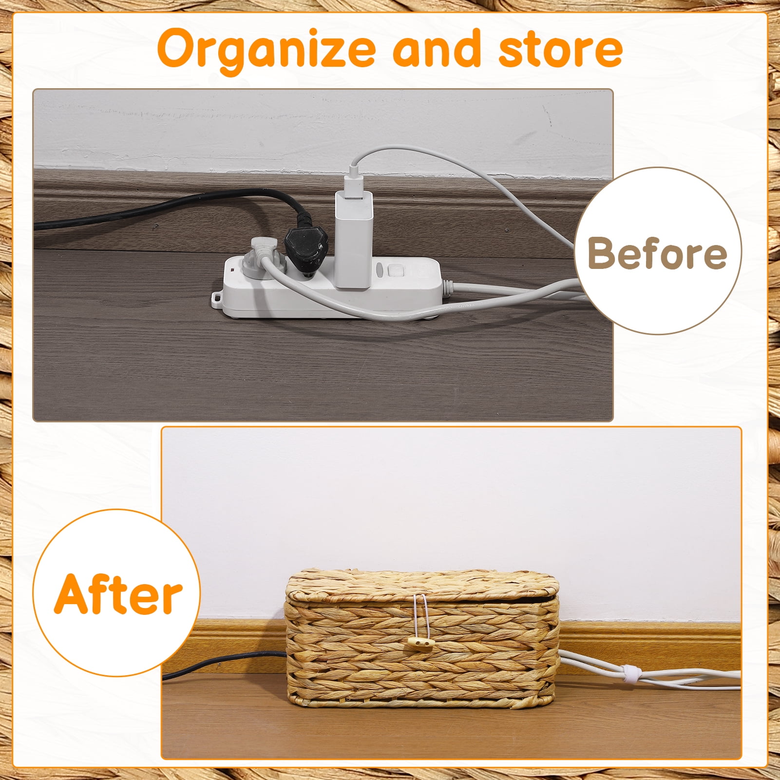Armscye 2 Pack Wicker Cable Management Box with Lid, 15'' / 12'' Cable Organizer Box and Power Strip Box with 10 Ties, Under Desk Cord Hider and Floor Cable Management for Electrical Cord Management