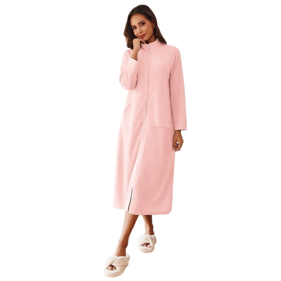 Ekouaer Women Zipper Robe Long Sleeves House Coat Soft Bathrobe Sleepwear with Pockets Housecoat Loungewear