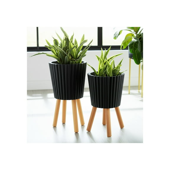 Set of 2 Planters with Stands - Modern Resin & Magnesia Pots with Wood Legs - Decorative Indoor & Outdoor Plant Containers for Home & Garden - 12" & 10", Black