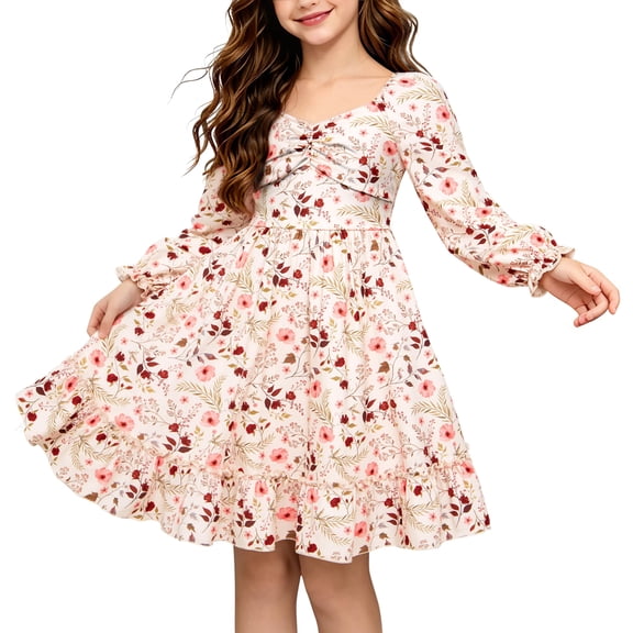 Lanbubble Girls Long Sleeve Floral Dress Square Neck Ruched A-Line Casual fall winter Dress 7-14 Years