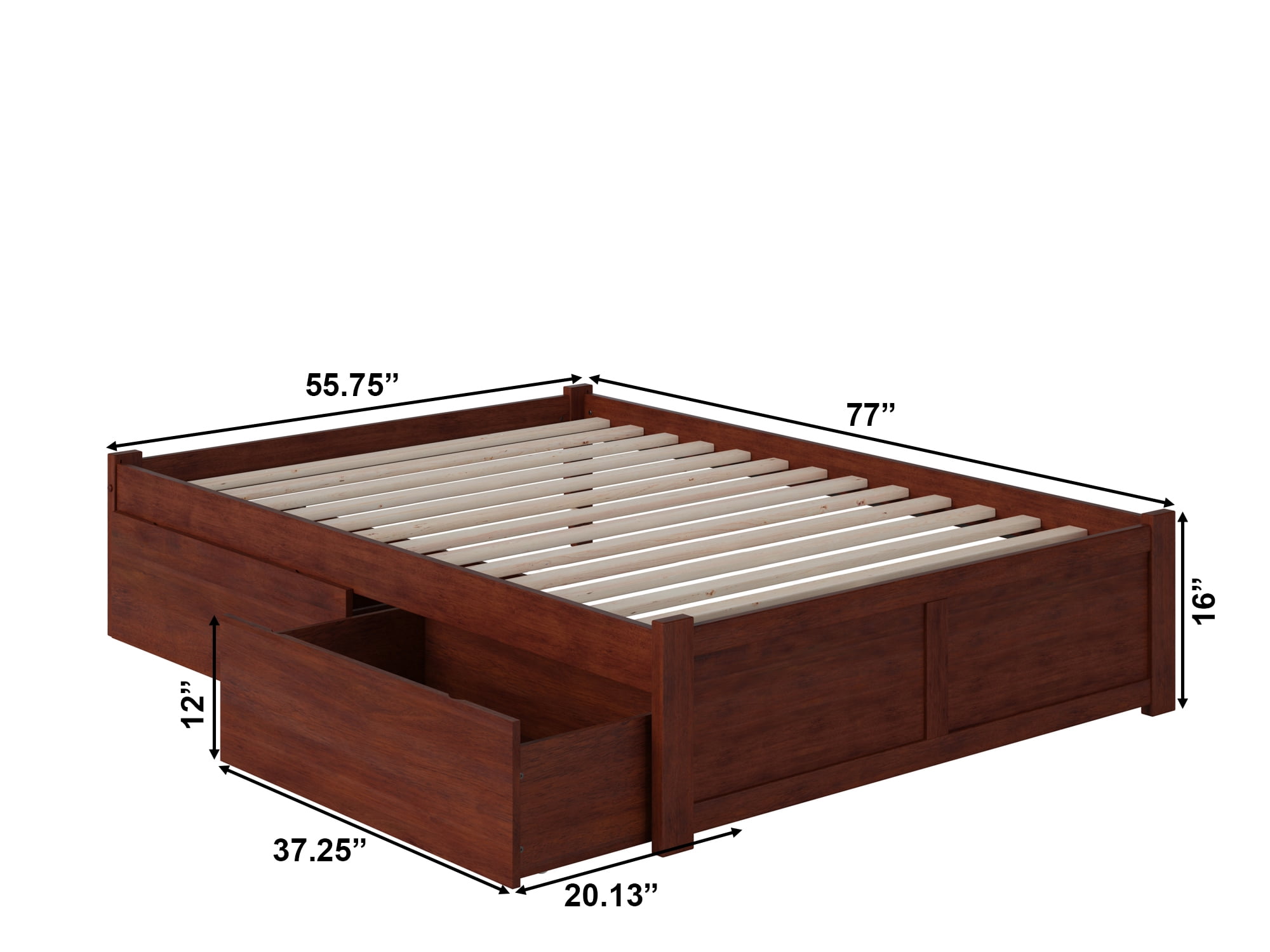 AFI Concord Full Solid Wood Platform Bed with Footboard & 2 Storage Drawers in Walnut