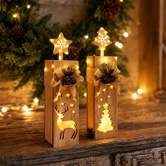 YuCaiWen,Christmas Tabletop Decorations,Lighted Wooden Christmas Tree Table Decor,2 Pack Star Tree Top Wood Box Lamp With Reindeer Tree